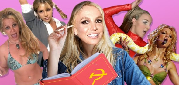 Britney Spears in a bikini, in a schoolgirl outfit, reading Marx, in a red catsuit and with a snake wrapped around her neck