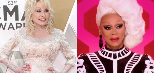 Two images: Dolly Parton on a red carpet in a long-sleeved white gown, RuPaul on the net of Drag Race looking bemused.