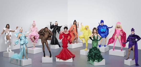 Drag Race UK season 2 queens, each dressed in one of the colours of the Progress Pride flag