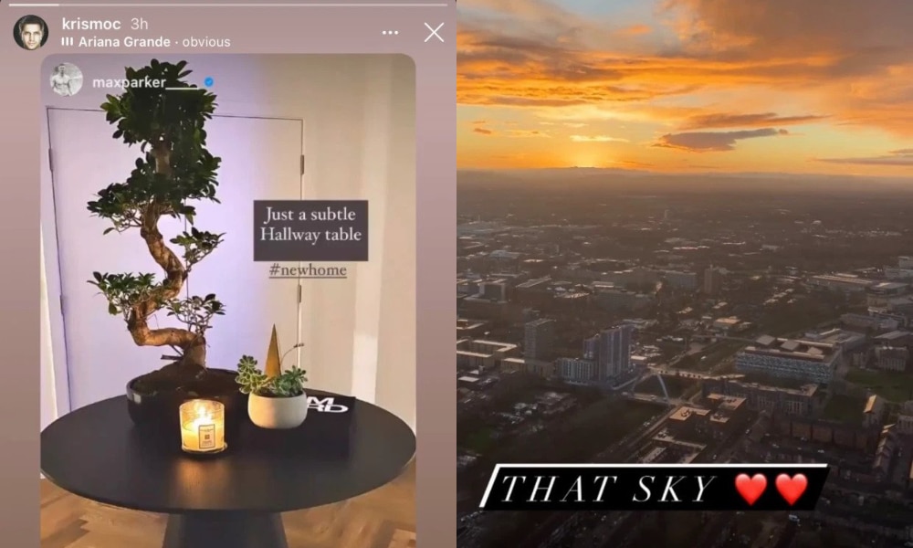 A photograph of a hallway table with a plant and candles on it (L) and the view of Manchester against the sunset 