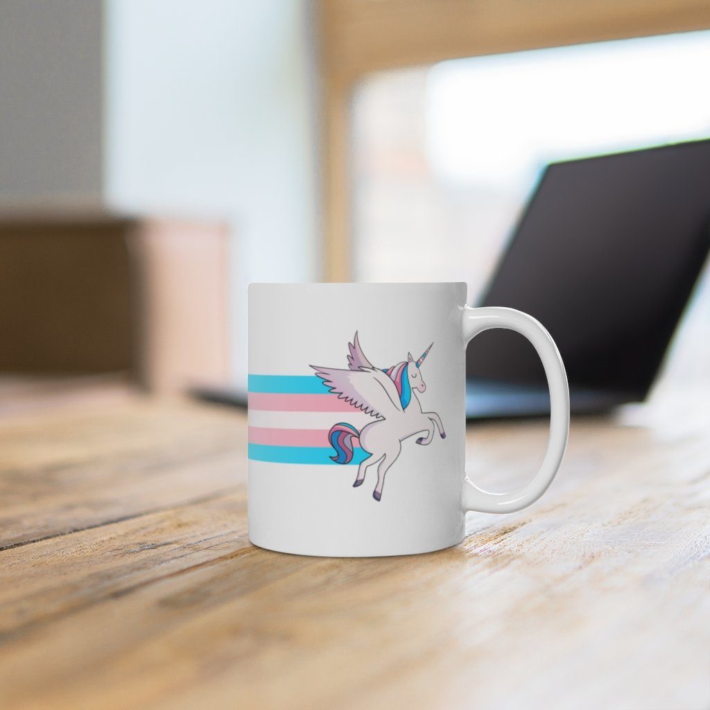 The trans flag unicorn rainbow mug available from the PinkNews store