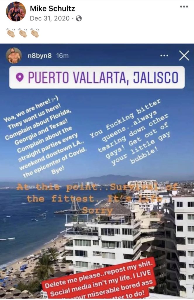 Instagram story of a beach with text including "f**king bitter queens... always tearing down other gays"