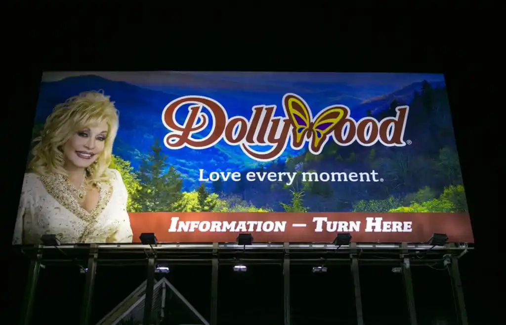 A billboard promoting Dolly Parton's Dollywood