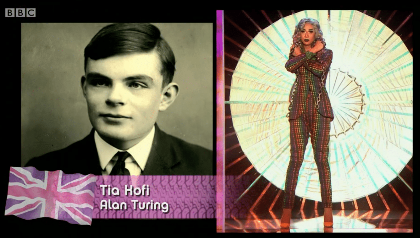 Tia Kofi as WWII code breaker Alan Turing, Drag Race UK