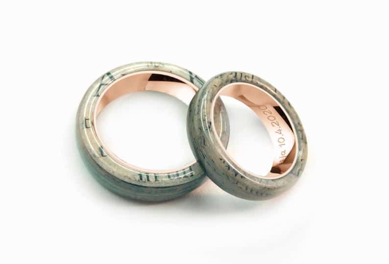 A personalised wedding ring that can feature any paper you want. (Etsy/eternalpaper)