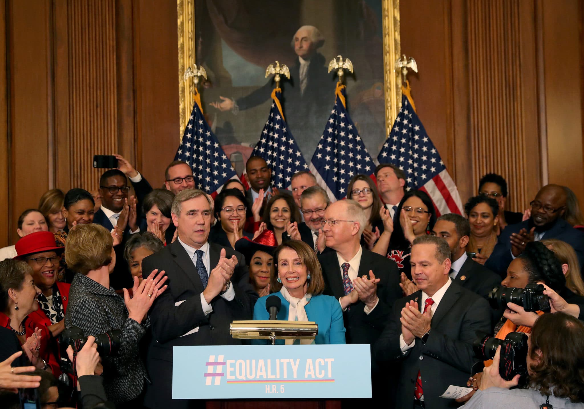 House Speaker Nancy Pelosi speaks during a 2019 news conference where House and Senate Democrats introduced the Equality Act 