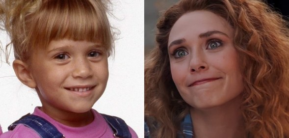 Headshots of the Olsen twins, Mary-Kate and Ashley, in Full House. Elizabeth Olsen in Wandavision