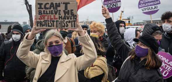 Demonstrators gathered in the Kadikoy district of Istanbul, Turkey, to protest against president Recep Tayyip Erdogan's decision to leave the Istanbul Convention