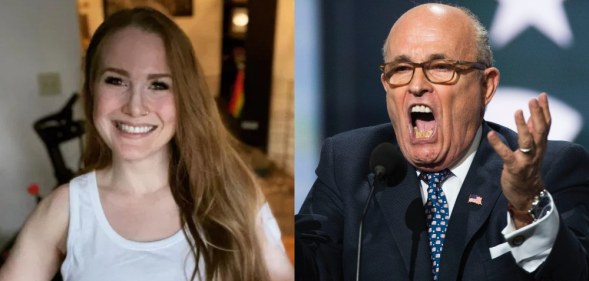 On the left: Caroline Giuliani smiles while facing the camera in a white vest. On the right: Rudy Giuliani.