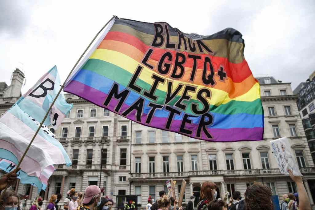 Pride flag with 'Black LGBT+ Lives Matter' text. 