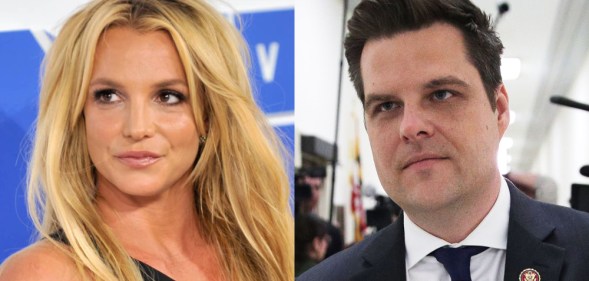 On the left: Britney Spears in a black dress poses. On the right: Matt Gaetz in a suit walks through a corridor with paparazzi behind h