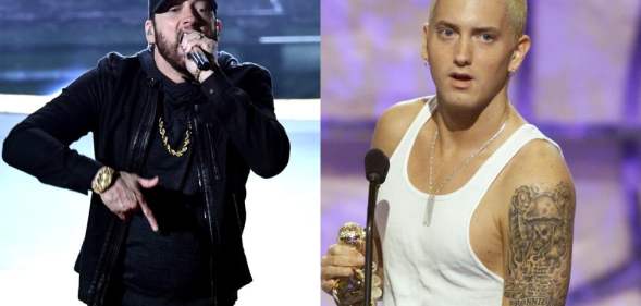 Eminem rapping at the 2018 Oscars in all black. and a young Eminem with bleach blonde hair in a white vest