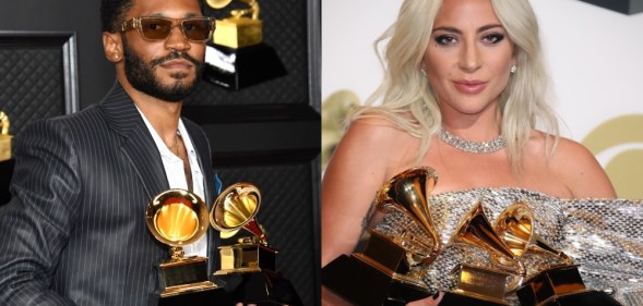 Separate photos of Kaytranada and Lady Gaga, both holding armfuls of Grammys