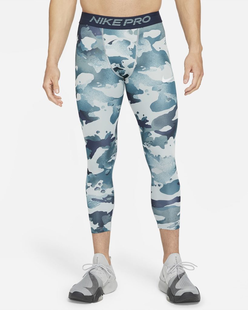The camo print leggings are available in blue or grey. (Nike)