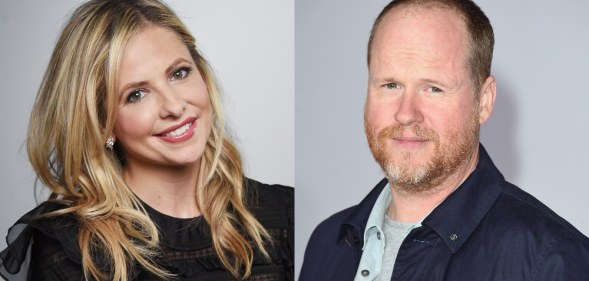 Headshots of Sarah Michelle Gellar and Joss Whedon, smiling