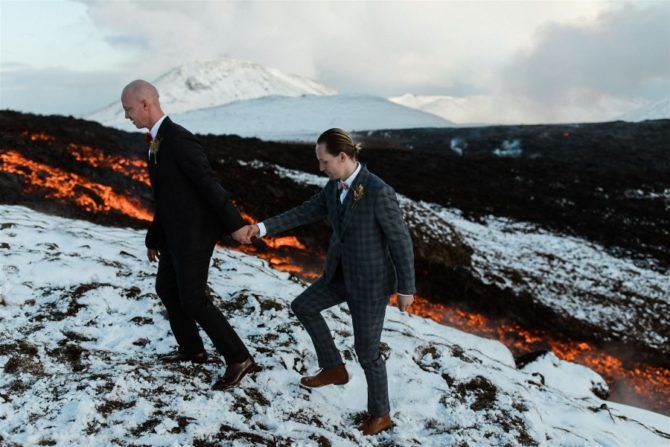 Gay couple tie the knot at the foot of an erupting Icelandic volcano
