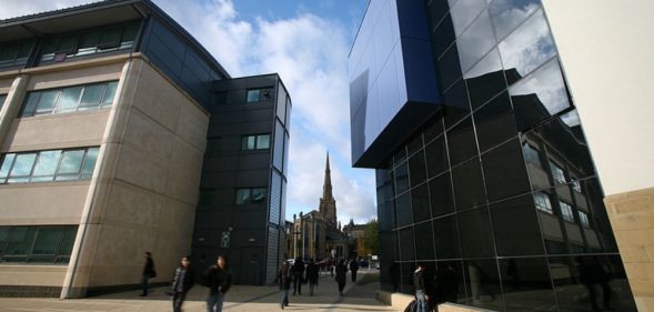 A shot of Queensgate Campus, including the Harold Wilson building (L) and the Creative Arts Building (R)