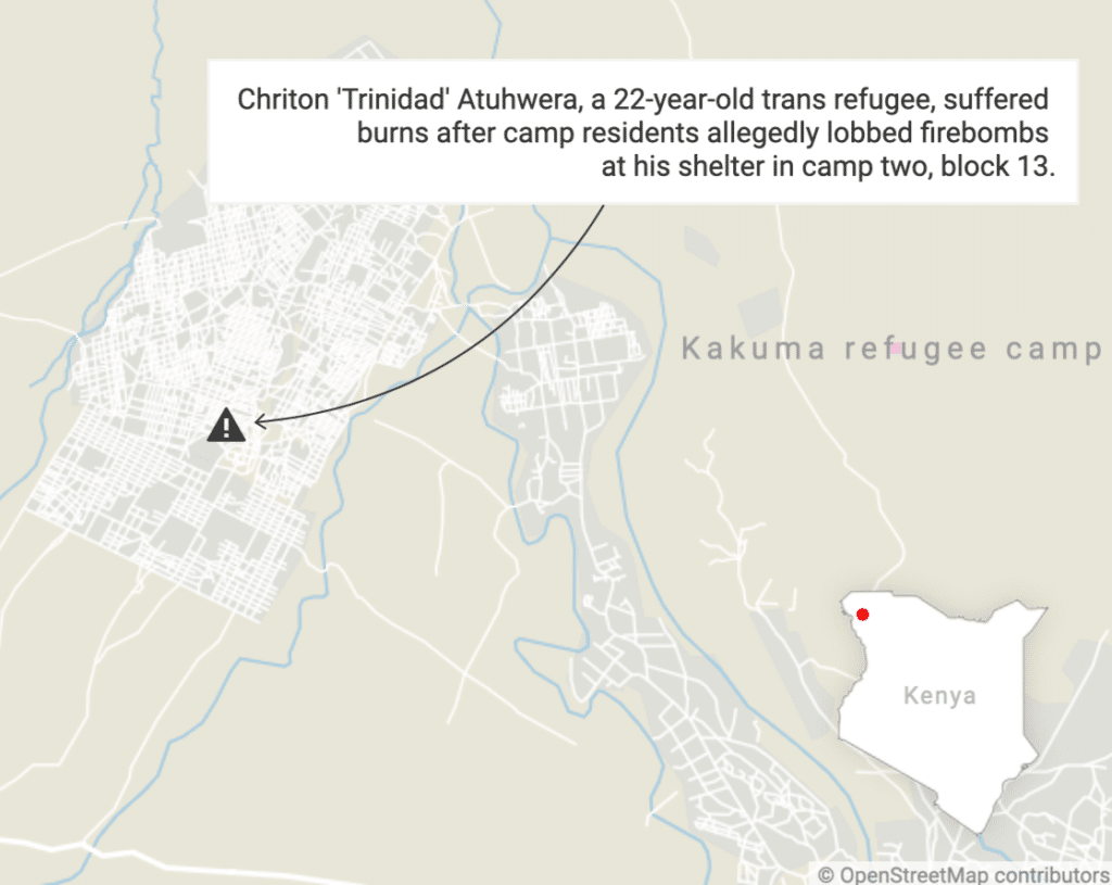 A map of Kakuma Refugee Camp with the caption ' Chriton 'Trinidad' Atuhwera, a 22-year-old trans refugee, suffered burns after camp residents allegedly lobbed firebombs at his shelter in camp two, block 13'.