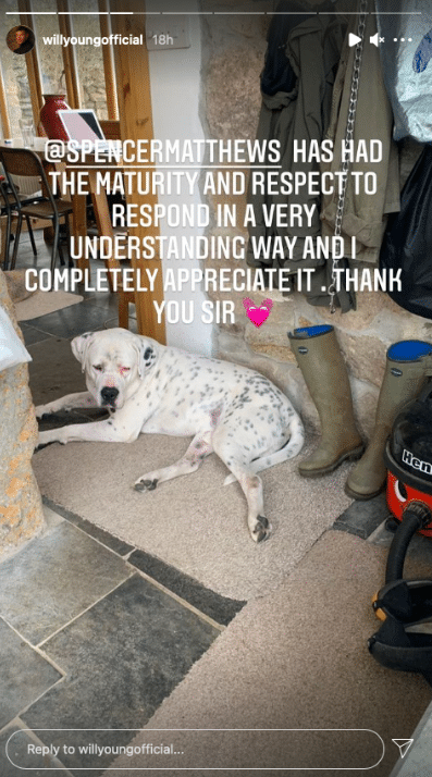 A photograph of a dog lying on the floor by a pair of wellies with text which reads: '[Spencer Matthews] has had the mature and respect to respond in a very understanding way and I completely appreciate it. Thank you, sir.'