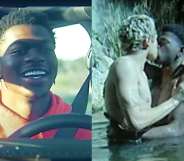 On the left: Lil Nas X smiles as he drives a car. On the right: Dominic Fike and Lil Nas X, shirtless, share a kiss while half-submerged in a river