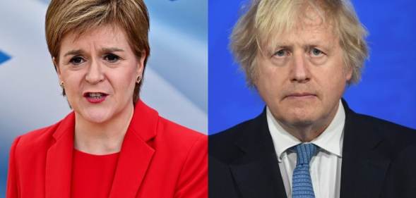 Two photos, one of Nicola Sturgeon in a red jacket and top, one of Boris Johnson in a black suit and blue tie