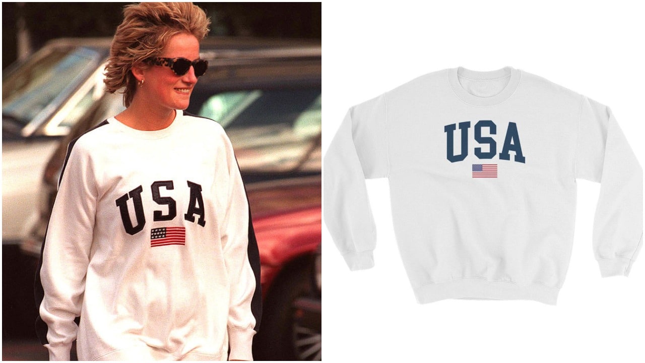 Fans can get the iconic 'USA' sweater regularly worn by Princess Diana. (Getty Images/Etsy)