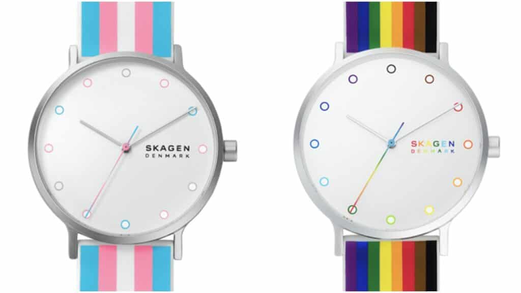 The collection features the Aaren watch with designs in the Pride flag colours. (Skagen)