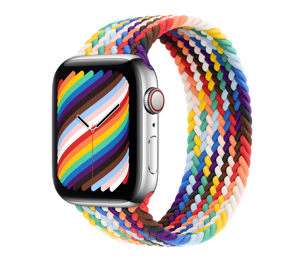 The new Apple Watch Pride Edition includes the inclusive Pride flag colours for the first time. (Apple)