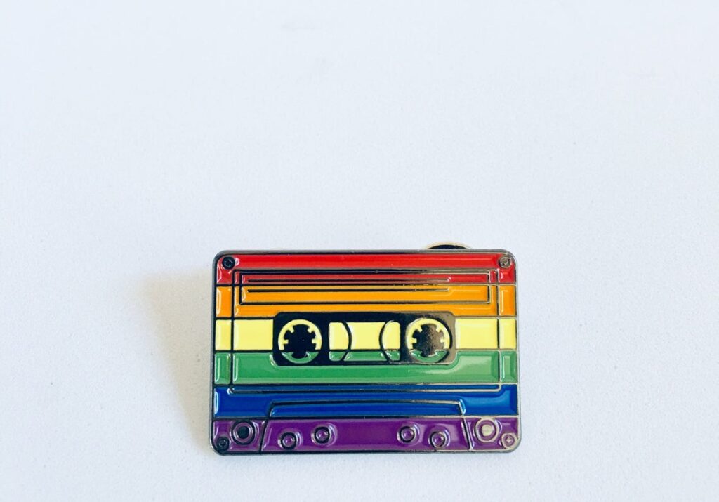 A cassette tape featuring the Pride colours. (SacCityThreads)