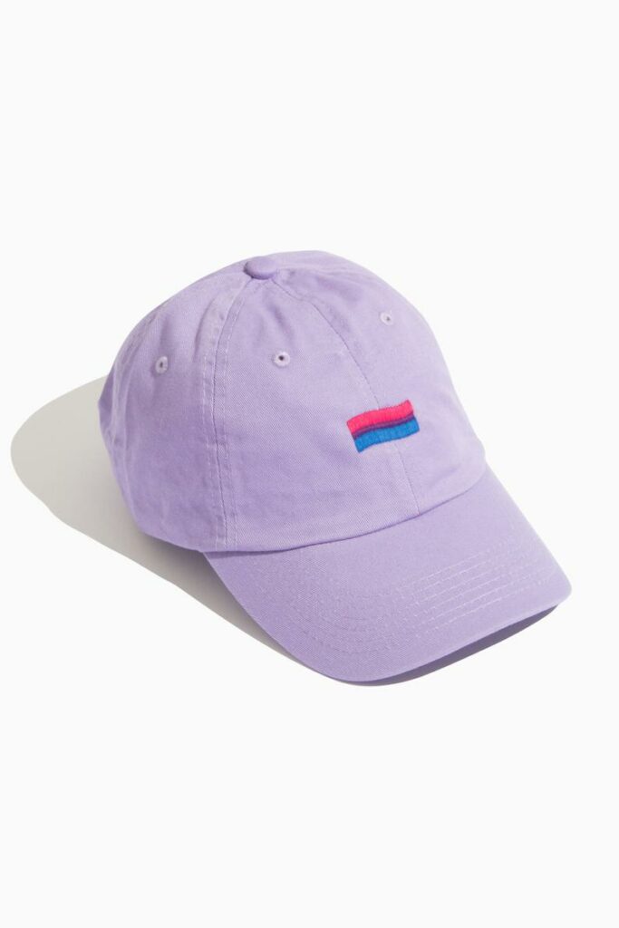 A cap featuring the bi flag. (Etsy/qweerclothing)