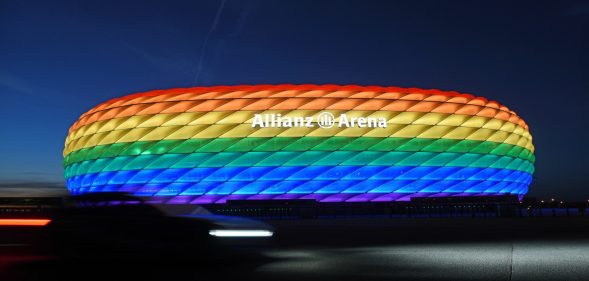 The Allianz arena lit with rainbow colours for Christopher Street Day, 2019