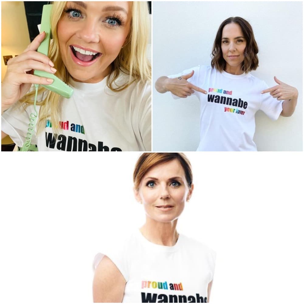 Baby Spice, Sporty Spice and Ginger Spice modelling the Pride t-shirt. (VVB)