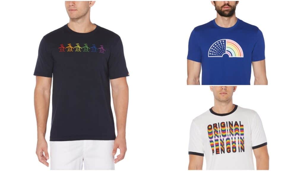 The collection features a number of t-shirts with the Penguin logo in a rainbow design. (Penguin)