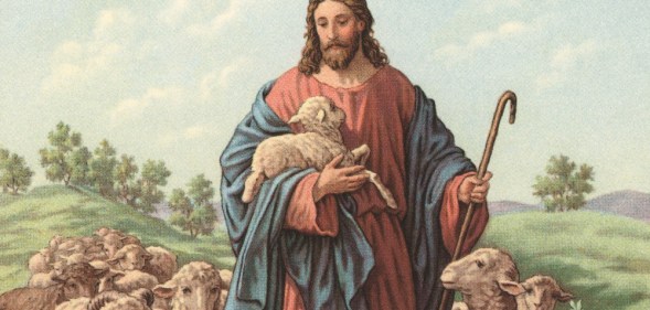 A painting of Jesus holding a lamb among a flock of sheep