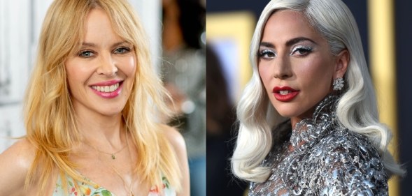 On the left: Kylie Minogue smiles in a floral dress. On the right: Lady Gaga looks to her left in a metallic dress