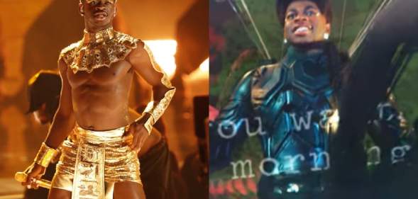 Lil Nas X topless in a gold skirt and Egyptian-style headpiece / Lil Nas X as an action hero