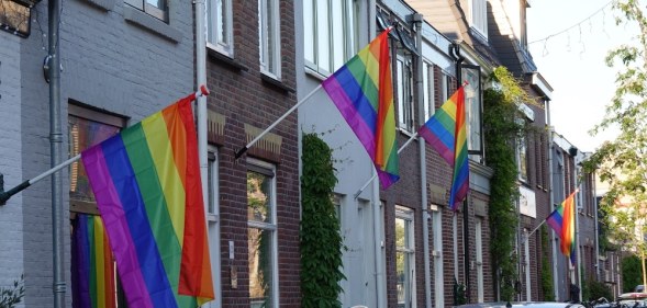 A row of homes adorned with the LGBT+ Pride flag