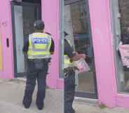 Police seizing a "f**k the police" tote bag as evidence from the queer, anarchist Jewish cafe Pink Peacock