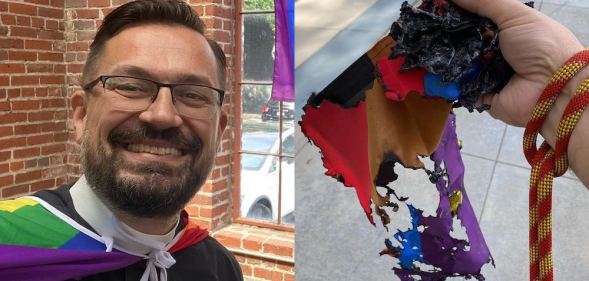 Gay Sacramento reverend Matthew Woodward and the burned LGBT+ Pride flag