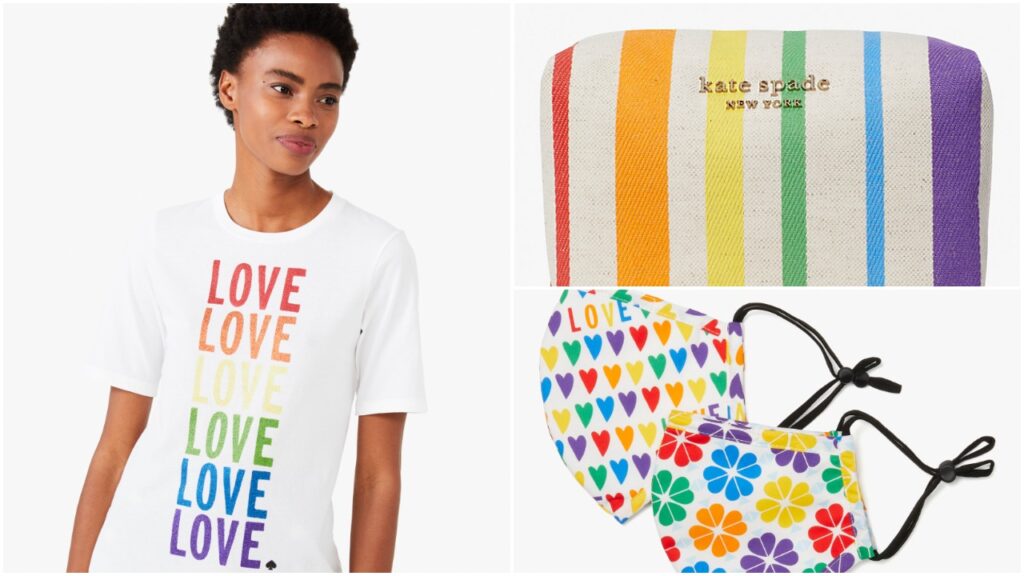 The collection features a rainbow love tee, cosmetic case and mask set. (Kate Spade New York)