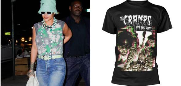 Rihanna was photographed with A$AP Rocky in New York City this week wearing a vintage band tee. (Gotham/GC Images & Amazon)