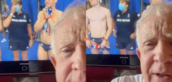 Half of Leslie Jordan's face in front of a television screen of Tom Daley and Matty Lee at the Olympics