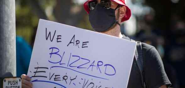 Employees of the video game company, Activision Blizzard, hold a walkout and protest rally to denounce the companys response to a California Department of Fair Employment and Housing lawsuit