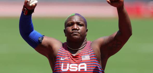 Raven Saunders of Team USA reacts after winning the silver medal at the Tokyo 2020 Olympic Games