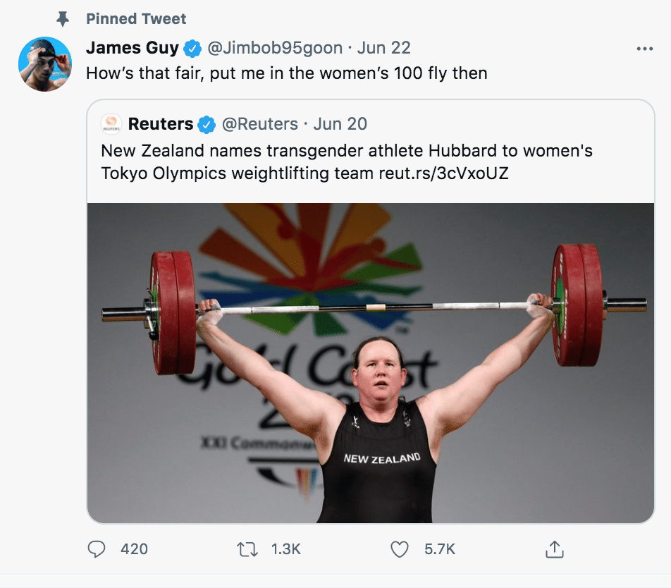 Tweet from Olympic gold medalist James Guy about Laurel Hubbard