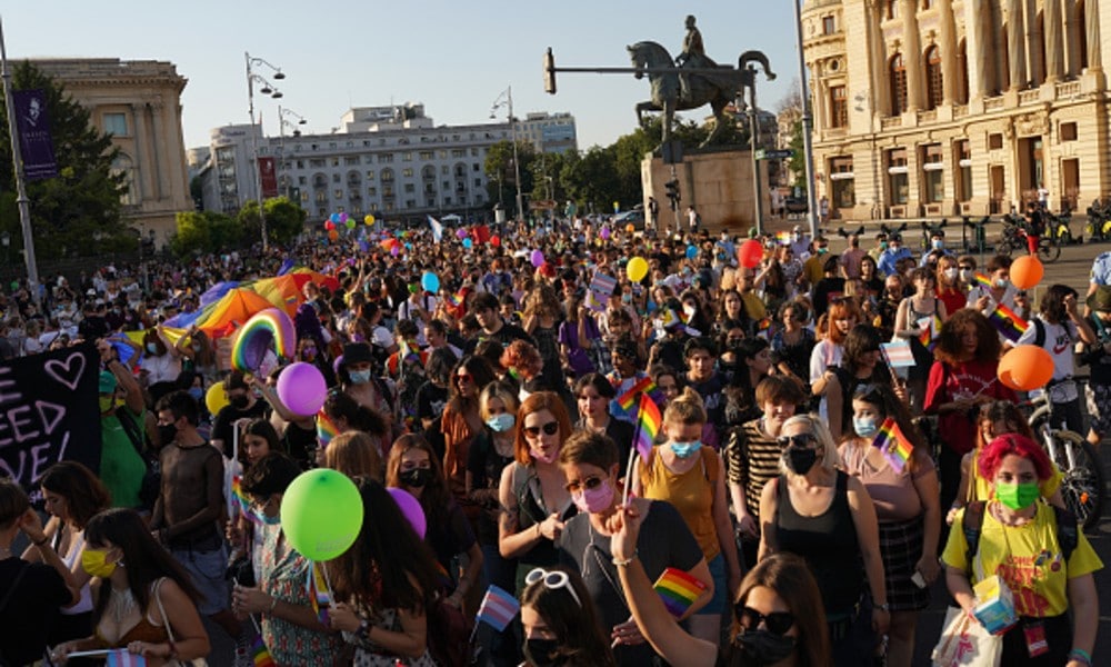 Bucharest Pride Sees Thousands Defiantly Take To The Streets To Demand   Gettyimages 1334143553 594x594 1 