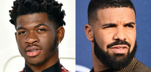 On the left: Headshot of Lil Nas X. On the right: Headshot of Drake looking confused