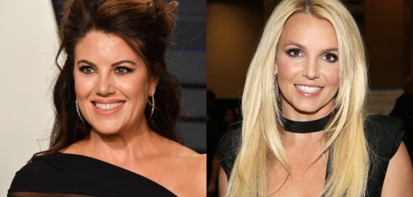 On the left: Monica Lewinsky in a black dress. On the right: Britney Spears in a black dress.