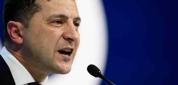 Volodymyr Zelensky, president of Ukraine, gives a speech at the World Economic Forum