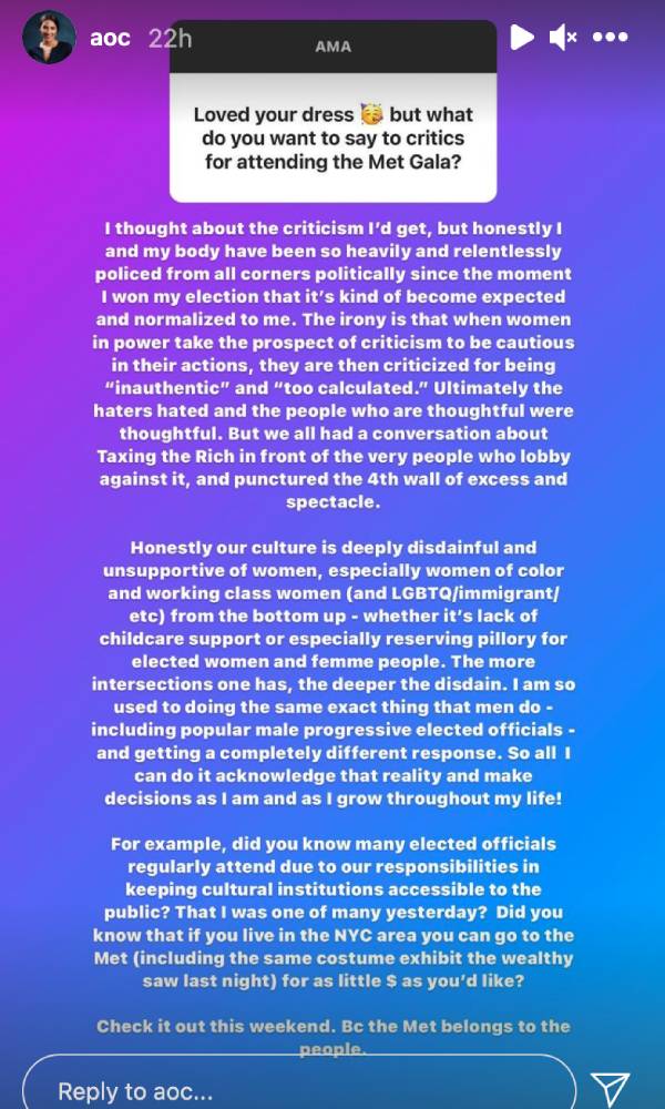 New York congresswoman Alexandria Ocasio-Cortez responds to criticism of her appearance at the 2021 Met Gala on Instagram